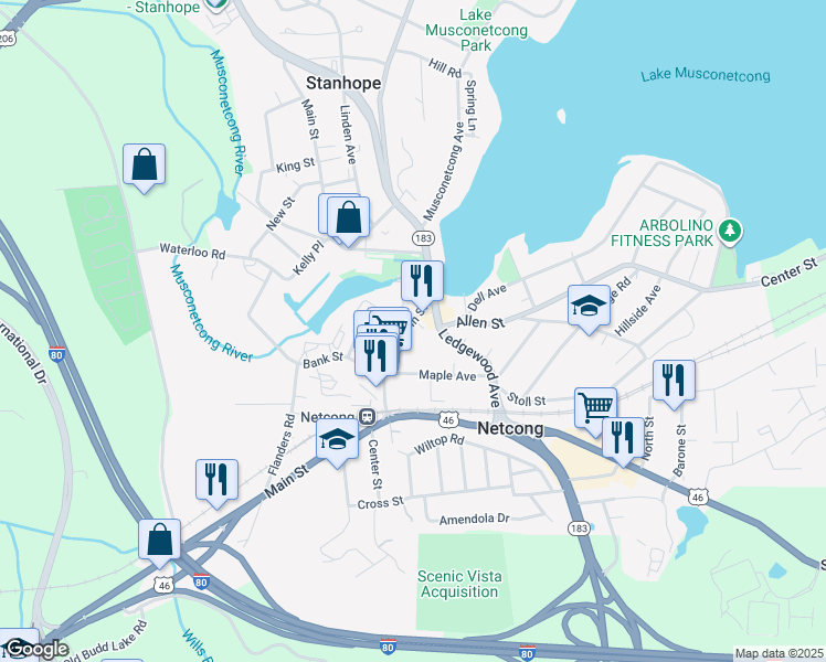 map of restaurants, bars, coffee shops, grocery stores, and more near 17 Main Street in Netcong