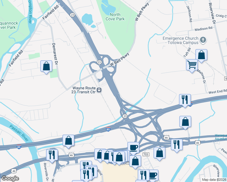 map of restaurants, bars, coffee shops, grocery stores, and more near Highway 23 in Wayne