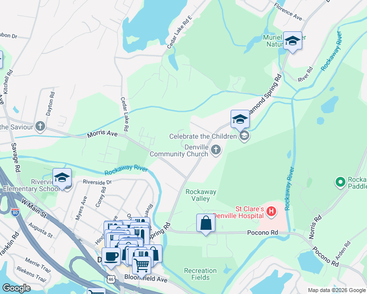 map of restaurants, bars, coffee shops, grocery stores, and more near 185 Diamond Spring Road in Denville
