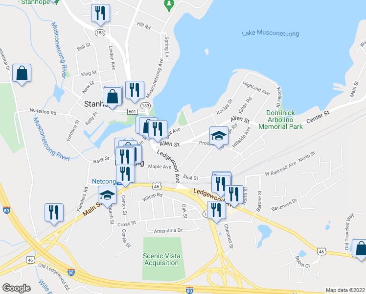 map of restaurants, bars, coffee shops, grocery stores, and more near 26 Allen Street in Netcong