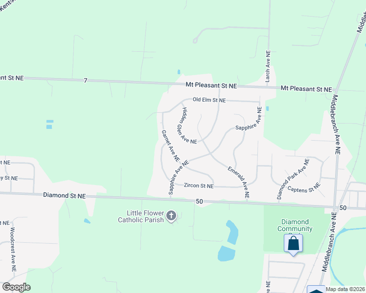 map of restaurants, bars, coffee shops, grocery stores, and more near 8185 Hidden Glen Avenue Northeast in Canton