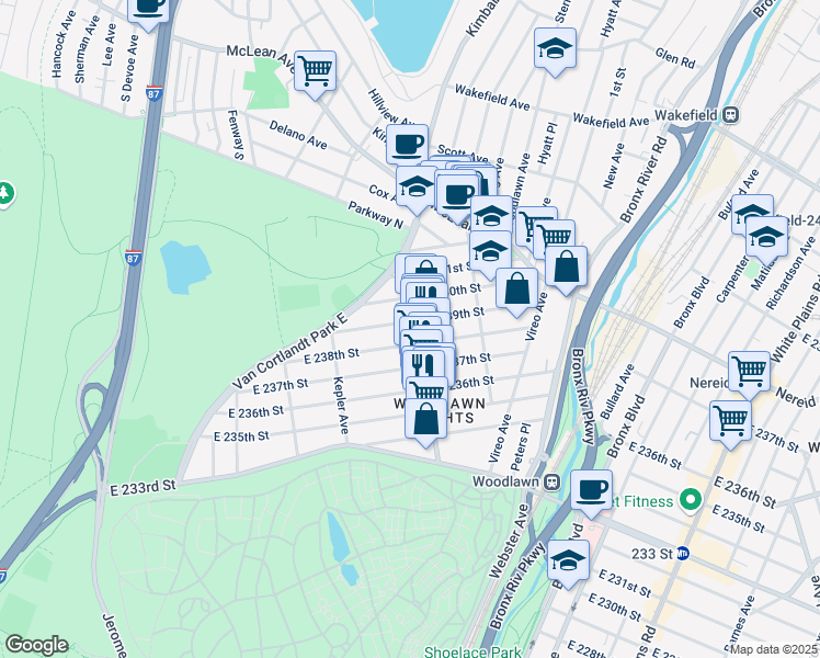 map of restaurants, bars, coffee shops, grocery stores, and more near 278 East 239th Street in Bronx