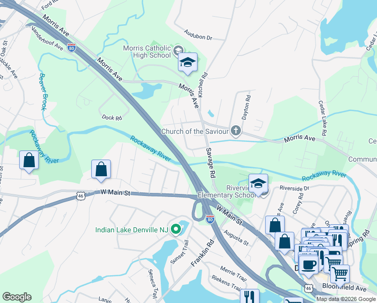 map of restaurants, bars, coffee shops, grocery stores, and more near 6 Katherine Street in Denville