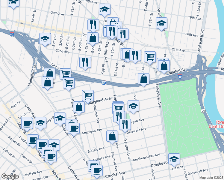 map of restaurants, bars, coffee shops, grocery stores, and more near 180 Trenton Avenue in Paterson