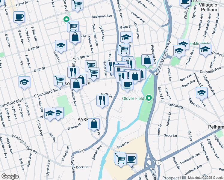 map of restaurants, bars, coffee shops, grocery stores, and more near 550 Homestead Avenue in Mount Vernon
