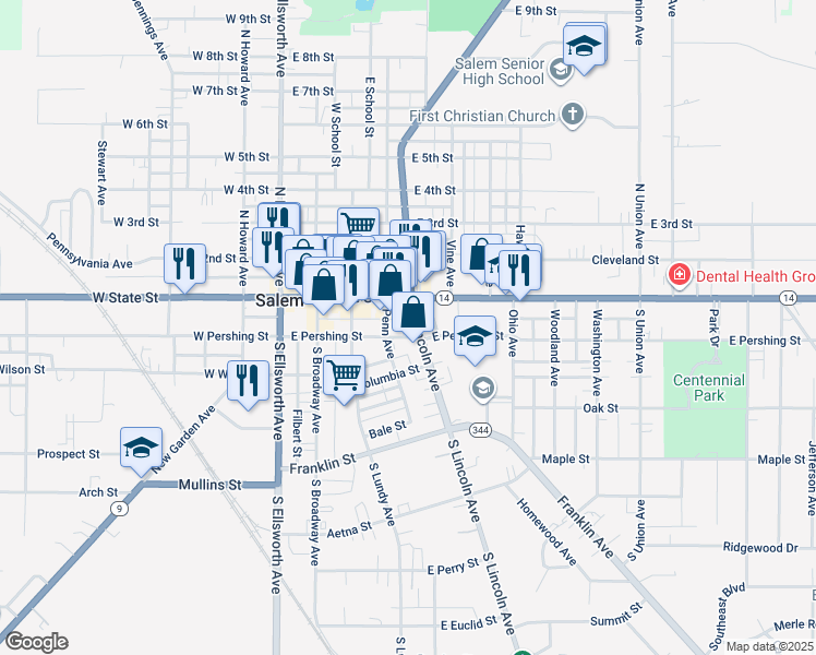 map of restaurants, bars, coffee shops, grocery stores, and more near 193 South Lincoln Avenue in Salem
