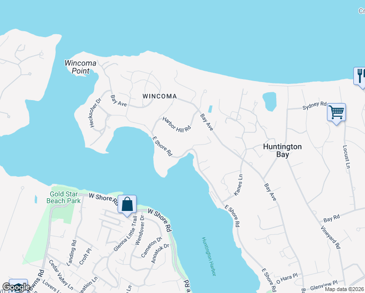 map of restaurants, bars, coffee shops, grocery stores, and more near 19 Harbor Hill Road in Huntington