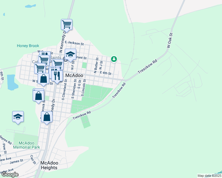 map of restaurants, bars, coffee shops, grocery stores, and more near 7 South Madison Street in McAdoo