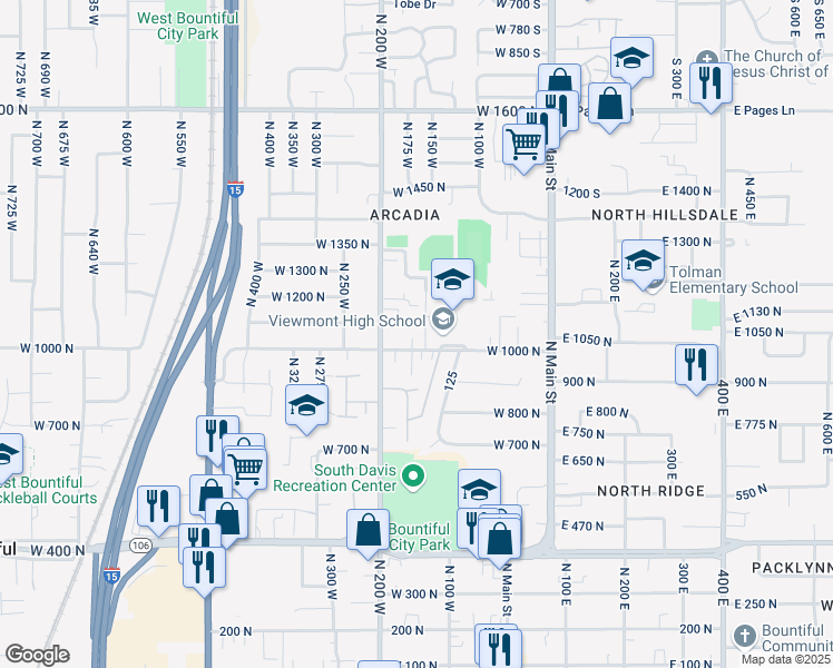 map of restaurants, bars, coffee shops, grocery stores, and more near 150 West 1000 North in Bountiful