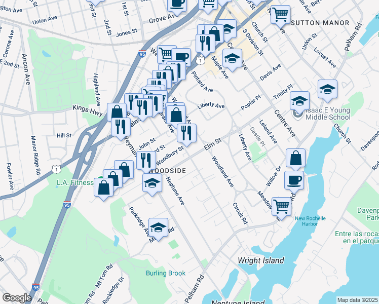 map of restaurants, bars, coffee shops, grocery stores, and more near 157 Elm Street in New Rochelle