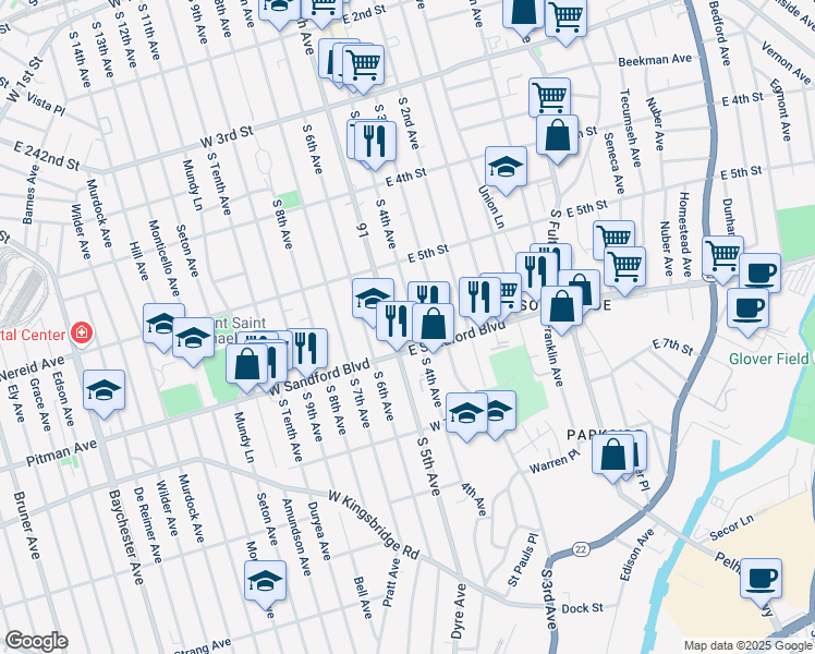 map of restaurants, bars, coffee shops, grocery stores, and more near 444 South 4th Avenue in Mount Vernon