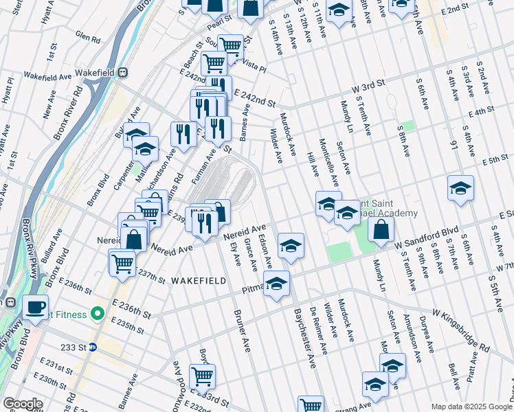 map of restaurants, bars, coffee shops, grocery stores, and more near 4446 Baychester Avenue in Bronx