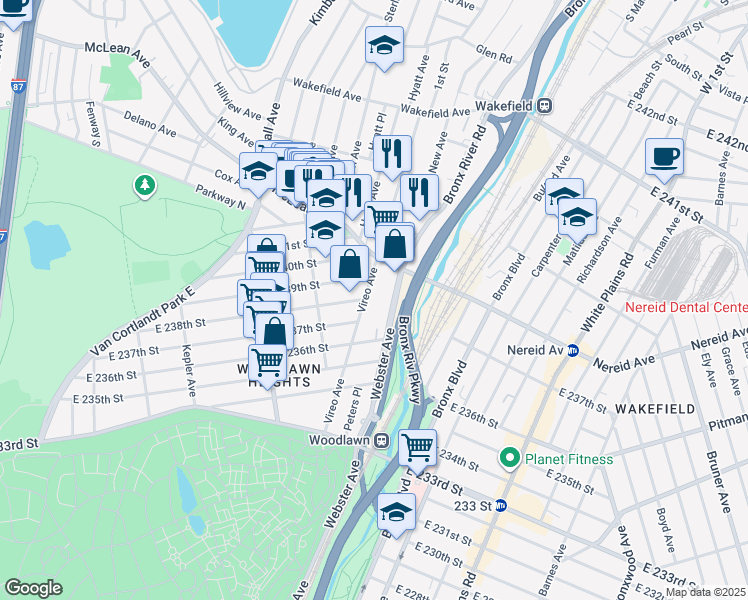 map of restaurants, bars, coffee shops, grocery stores, and more near 4354 Vireo Avenue in Bronx