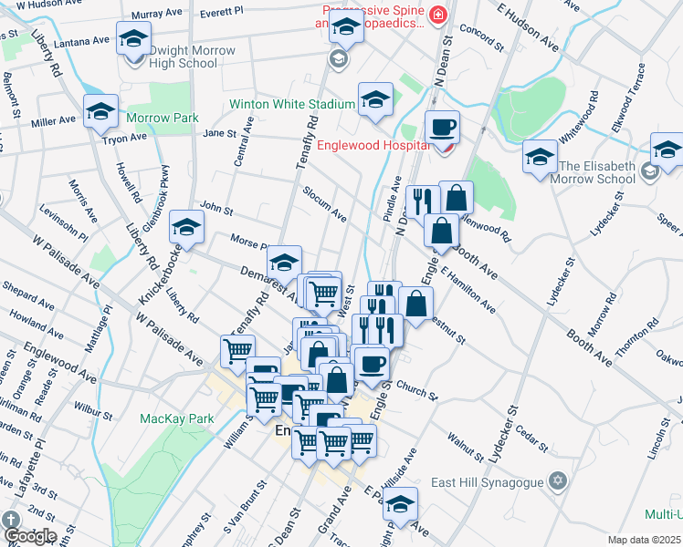 map of restaurants, bars, coffee shops, grocery stores, and more near 166 Waldo Place in Englewood