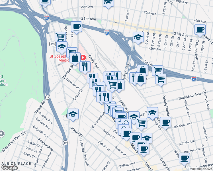 map of restaurants, bars, coffee shops, grocery stores, and more near 47 Elizabeth Street in Paterson