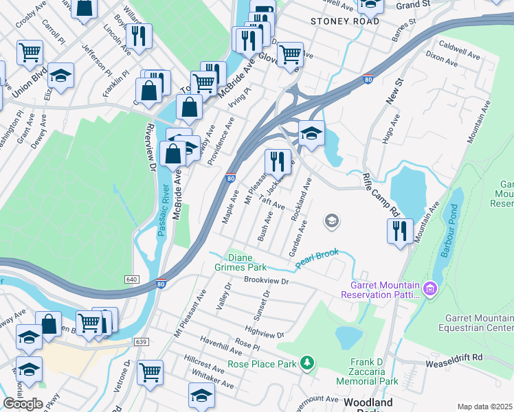 map of restaurants, bars, coffee shops, grocery stores, and more near 128 Jackson Avenue in Woodland Park