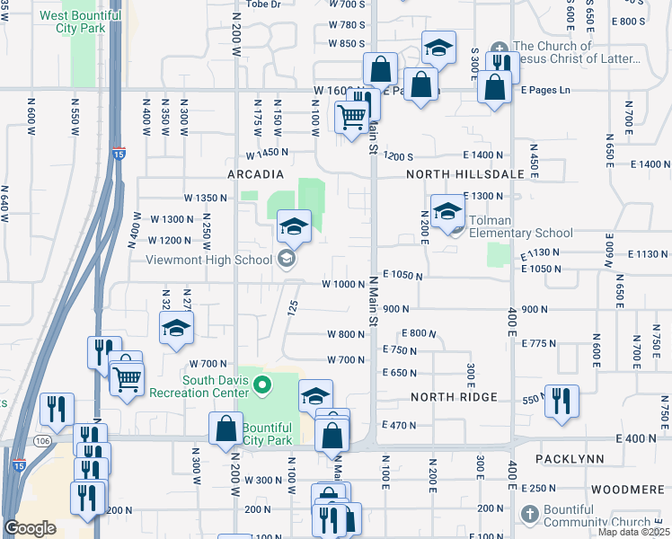 map of restaurants, bars, coffee shops, grocery stores, and more near 32 West 1000 North in Bountiful