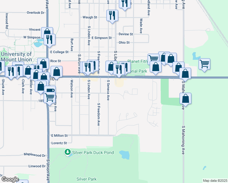 map of restaurants, bars, coffee shops, grocery stores, and more near 640 East Mill Street in Alliance