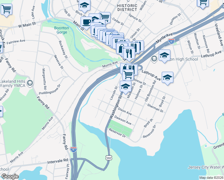 map of restaurants, bars, coffee shops, grocery stores, and more near 60 Harrison Street in Boonton