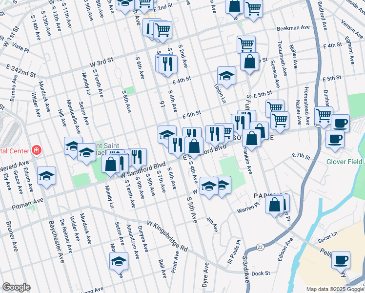 map of restaurants, bars, coffee shops, grocery stores, and more near 444 South 4th Avenue in Mount Vernon