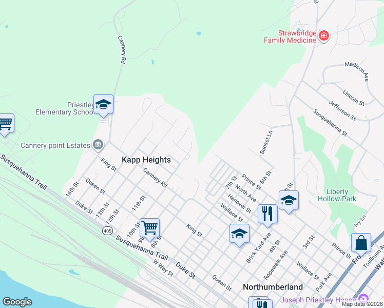 map of restaurants, bars, coffee shops, grocery stores, and more near 192 Leed Street in Northumberland