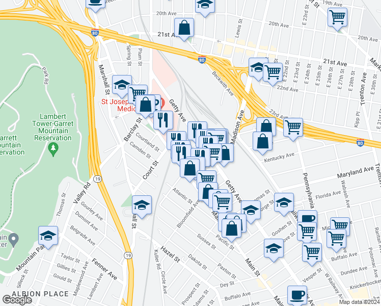 map of restaurants, bars, coffee shops, grocery stores, and more near 26 Hemlock Street in Paterson