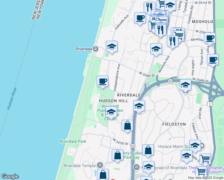 map of restaurants, bars, coffee shops, grocery stores, and more near 675 West 252nd Street in The Bronx