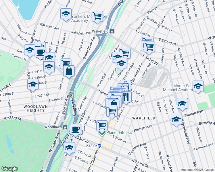 map of restaurants, bars, coffee shops, grocery stores, and more near 4449 Matilda Avenue in Bronx