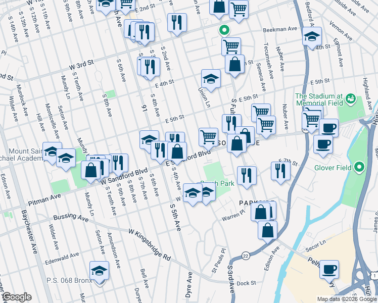 map of restaurants, bars, coffee shops, grocery stores, and more near 449 South Third Avenue in Mount Vernon