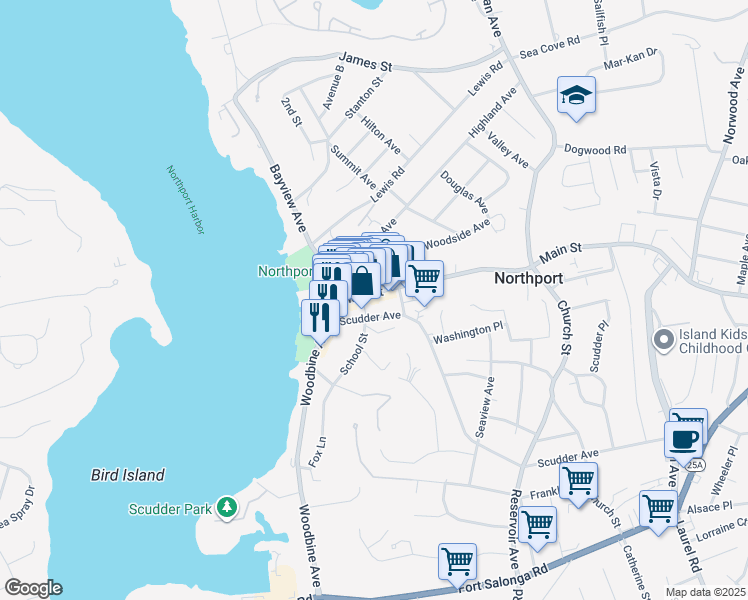 map of restaurants, bars, coffee shops, grocery stores, and more near 105 Main Street in Northport