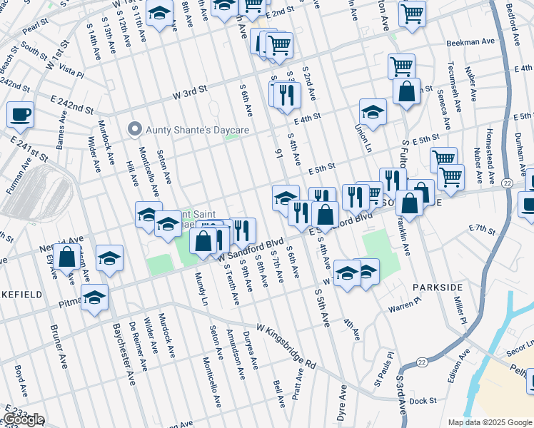 map of restaurants, bars, coffee shops, grocery stores, and more near 424 South 7th Avenue in Mount Vernon