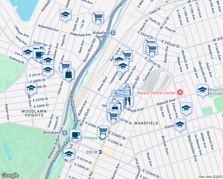 map of restaurants, bars, coffee shops, grocery stores, and more near 4449 Matilda Avenue in Bronx