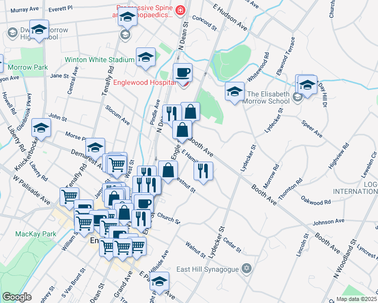 map of restaurants, bars, coffee shops, grocery stores, and more near 72 Booth Avenue in Englewood