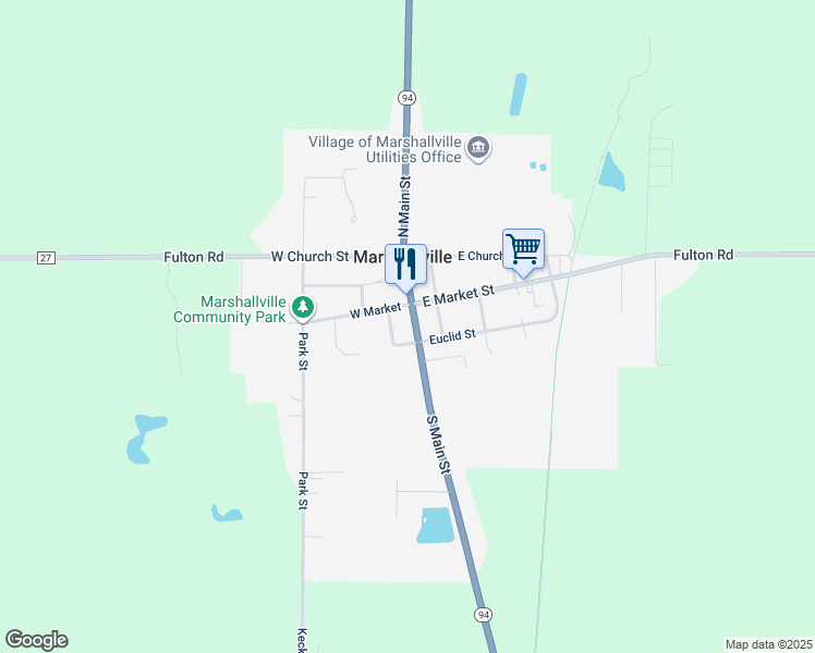 map of restaurants, bars, coffee shops, grocery stores, and more near 6 South Main Street in Marshallville