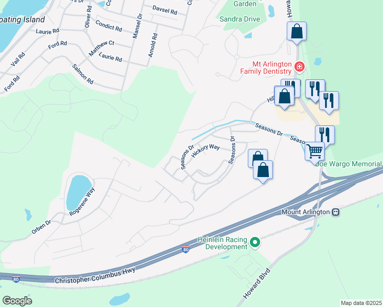 map of restaurants, bars, coffee shops, grocery stores, and more near 56 Hickory Way in Mount Arlington