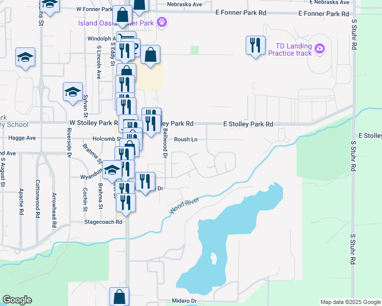 map of restaurants, bars, coffee shops, grocery stores, and more near Cherrywood Ln in Grand Island