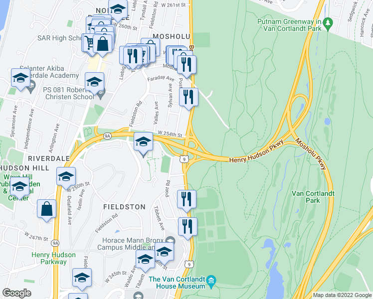 map of restaurants, bars, coffee shops, grocery stores, and more near Henry Hudson Parkway in Bronx