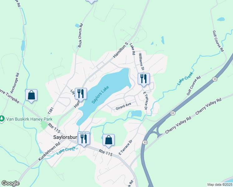 map of restaurants, bars, coffee shops, grocery stores, and more near 346 Icehouse Lane in Saylorsburg
