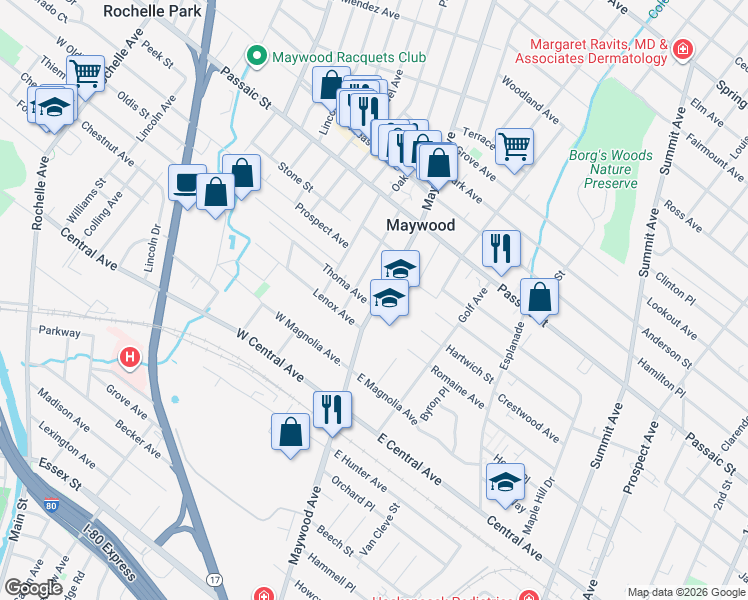 map of restaurants, bars, coffee shops, grocery stores, and more near 17 Thoma Avenue in Maywood