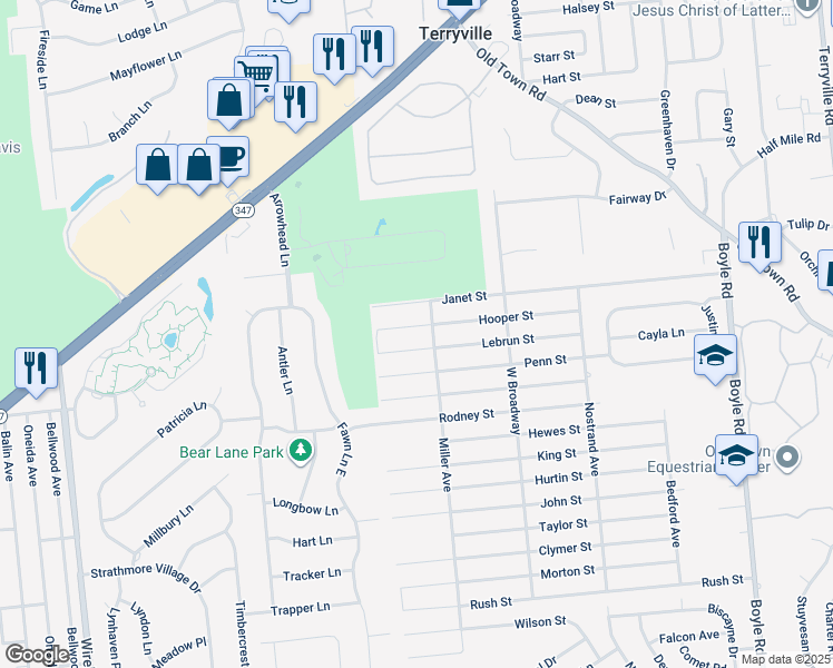 map of restaurants, bars, coffee shops, grocery stores, and more near 66 Hooper Street in Port Jefferson Station