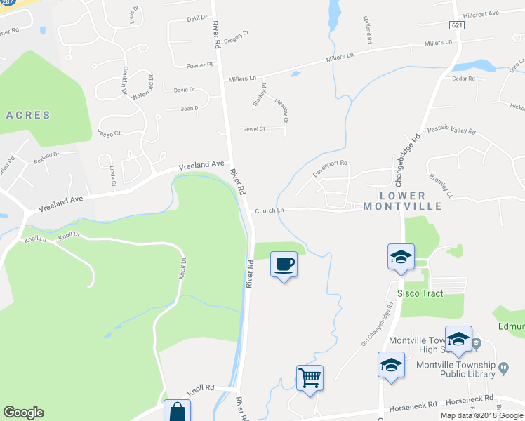 map of restaurants, bars, coffee shops, grocery stores, and more near 2 Church Lane in Montville
