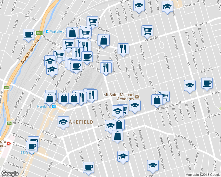 map of restaurants, bars, coffee shops, grocery stores, and more near 4432 Baychester Avenue in Bronx