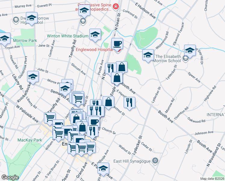 map of restaurants, bars, coffee shops, grocery stores, and more near 216 Engle St in Englewood