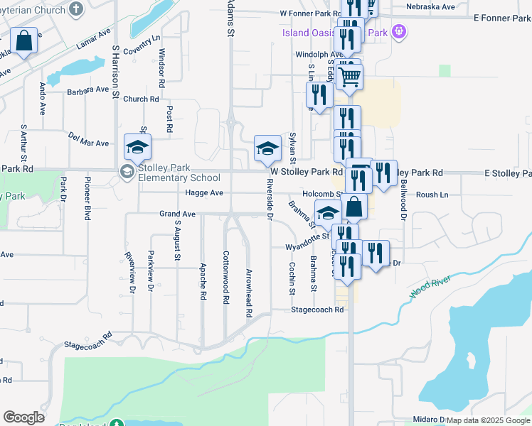 map of restaurants, bars, coffee shops, grocery stores, and more near 335 Grand Avenue in Grand Island