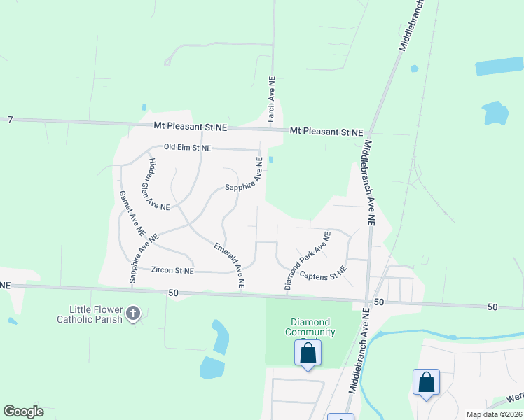 map of restaurants, bars, coffee shops, grocery stores, and more near 2534 Zircon Street Northeast in Canton