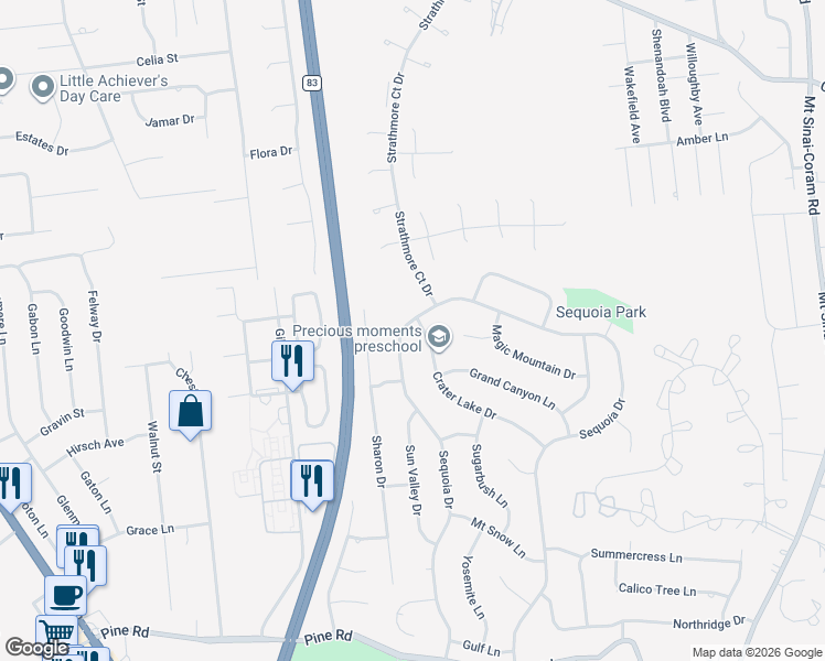 map of restaurants, bars, coffee shops, grocery stores, and more near 112 Sequoia Drive in Coram