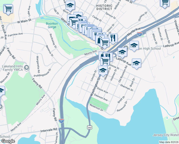 map of restaurants, bars, coffee shops, grocery stores, and more near 60 Harrison Street in Boonton