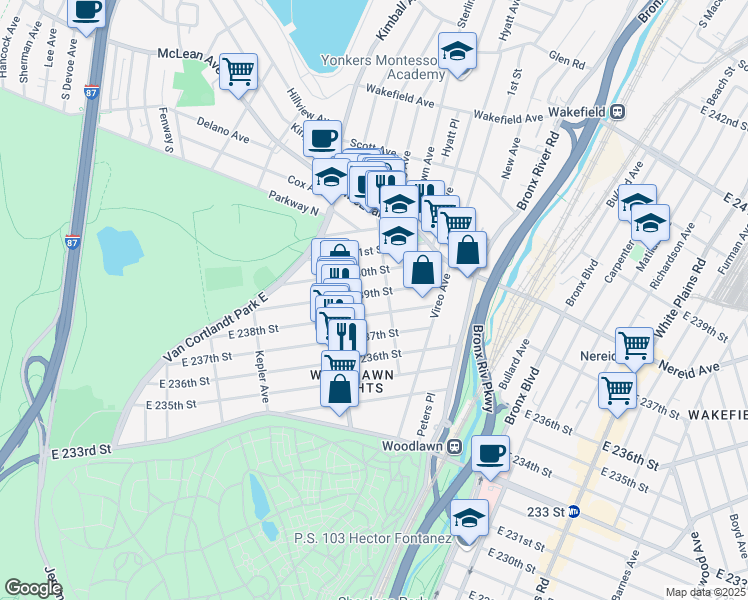 map of restaurants, bars, coffee shops, grocery stores, and more near 338 East 239th Street in Bronx