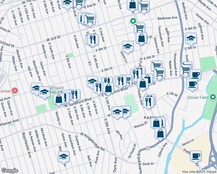 map of restaurants, bars, coffee shops, grocery stores, and more near 449 South Third Avenue in Mount Vernon