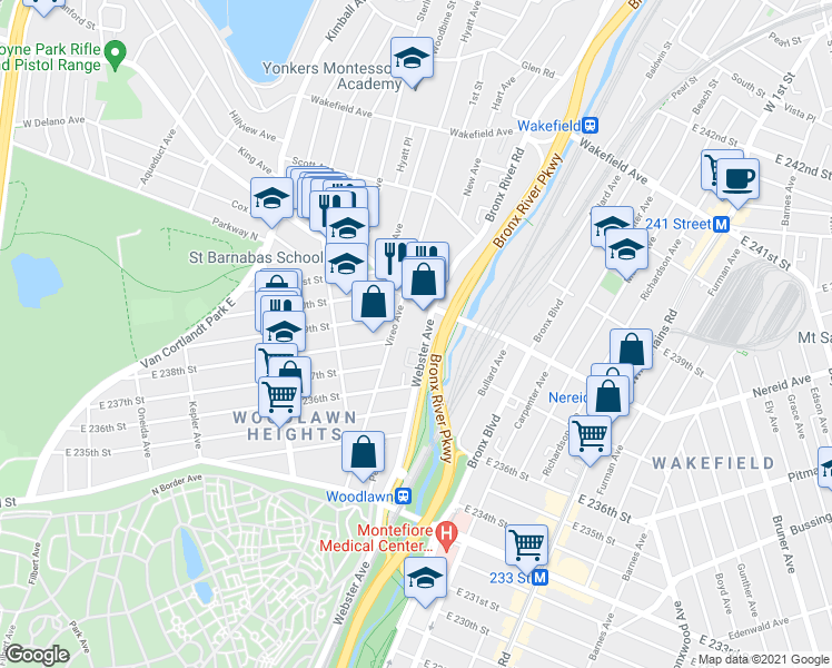 map of restaurants, bars, coffee shops, grocery stores, and more near in The Bronx